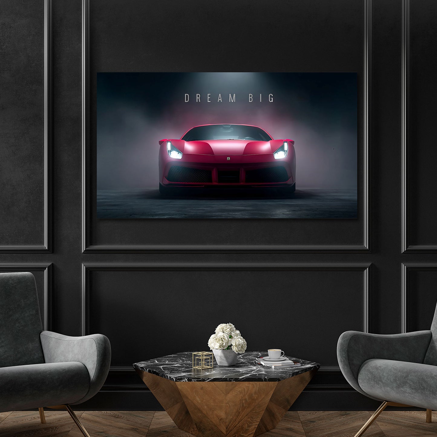 Auto sportiva Ferrari rossa in primo piano motivazionale quadro