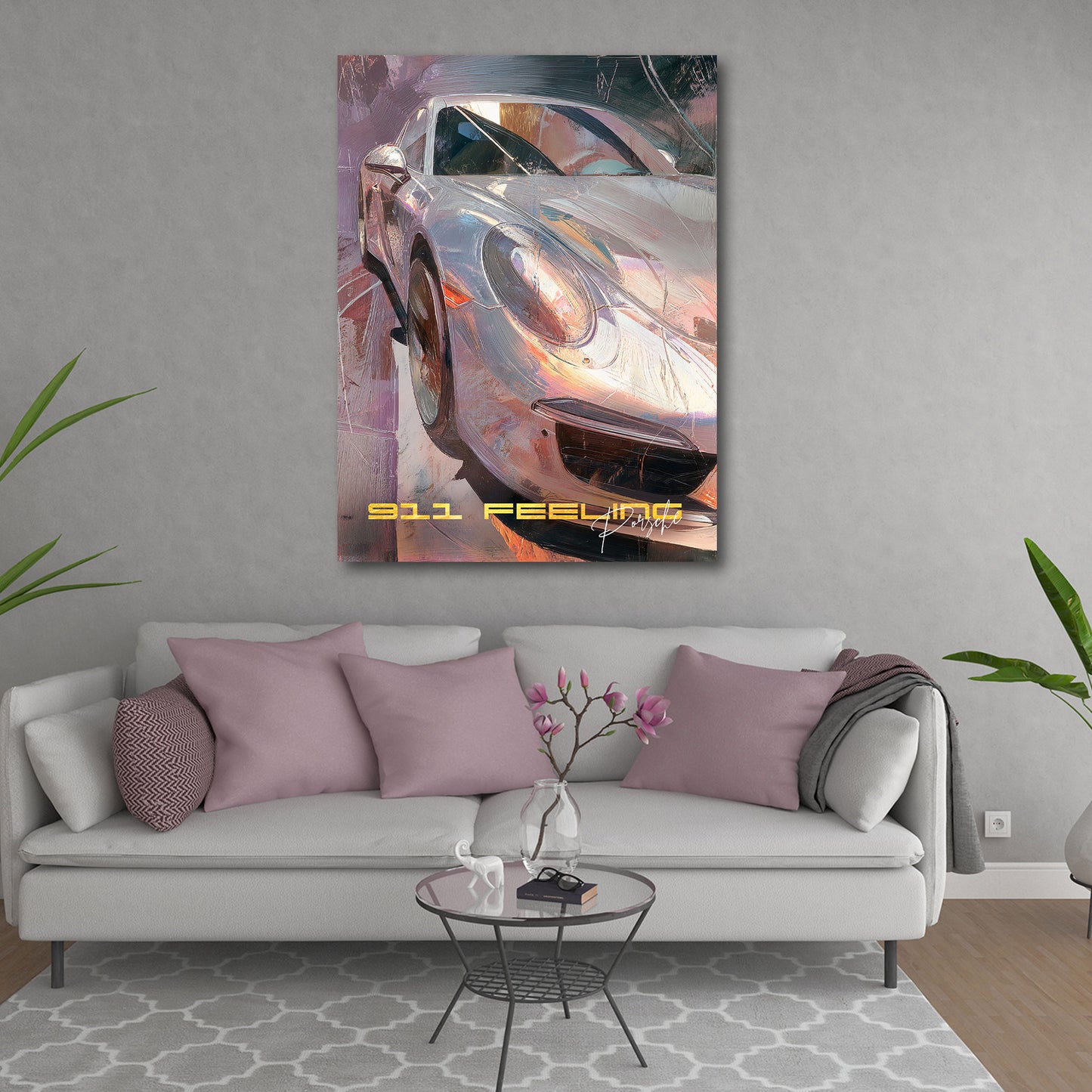 Auto sportivo argento pittura porsche velocità quadro