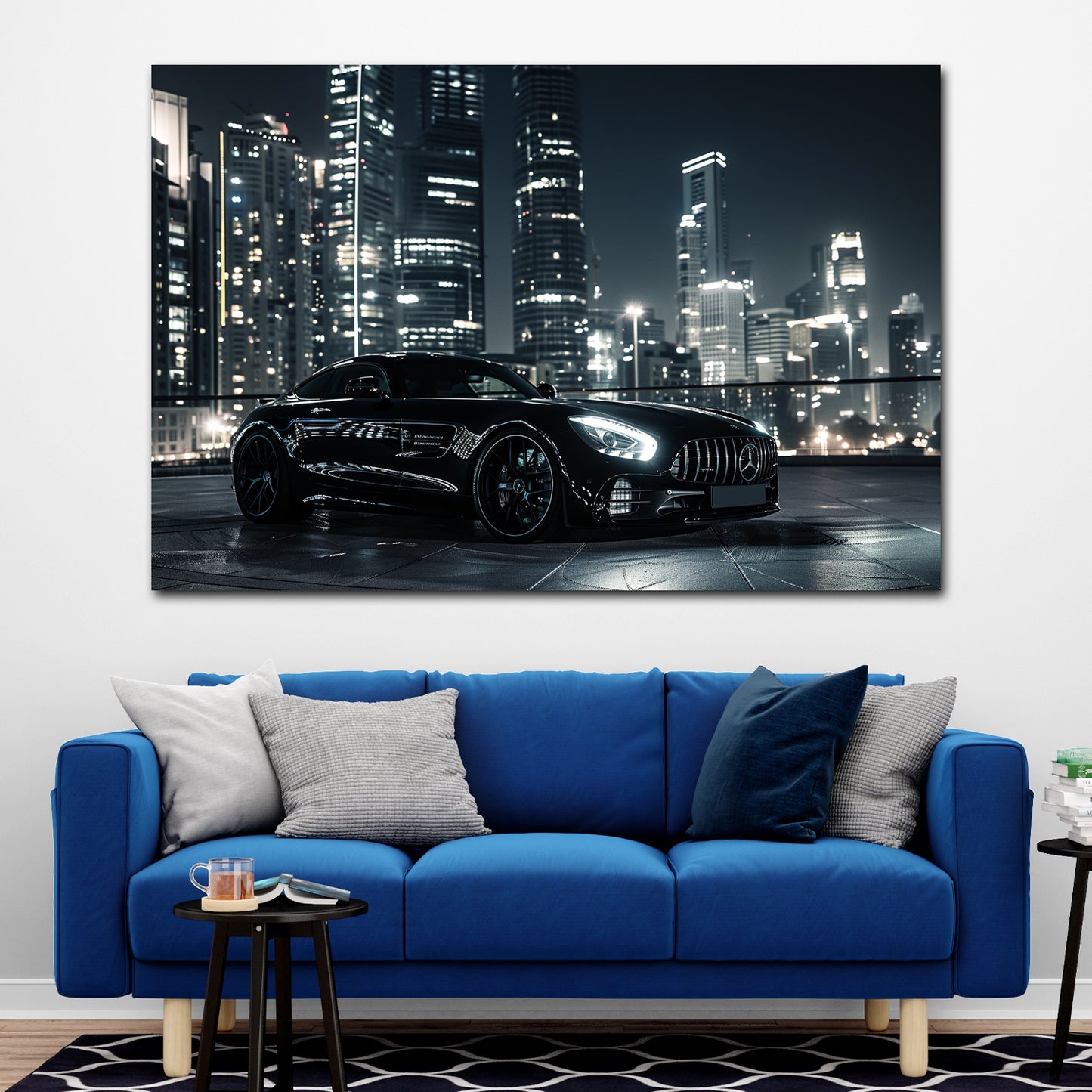 Auto sportivo nero città notturna skyline lusso quadro