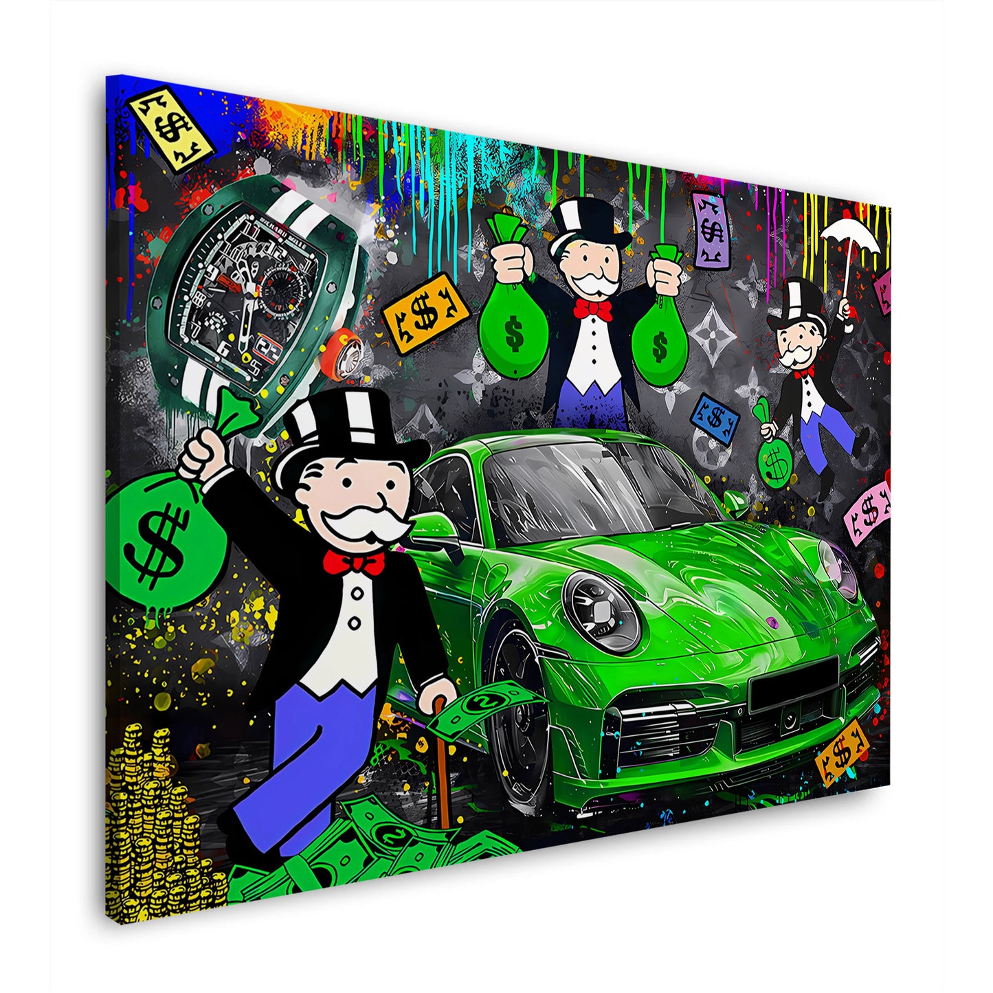 Auto verde lusso soldi orologio arte pop quadro