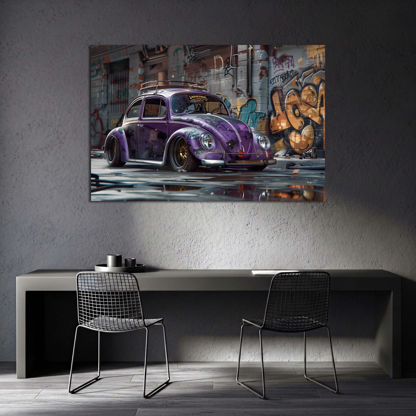 Auto vintage maggiolino viola con graffiti street art quadro