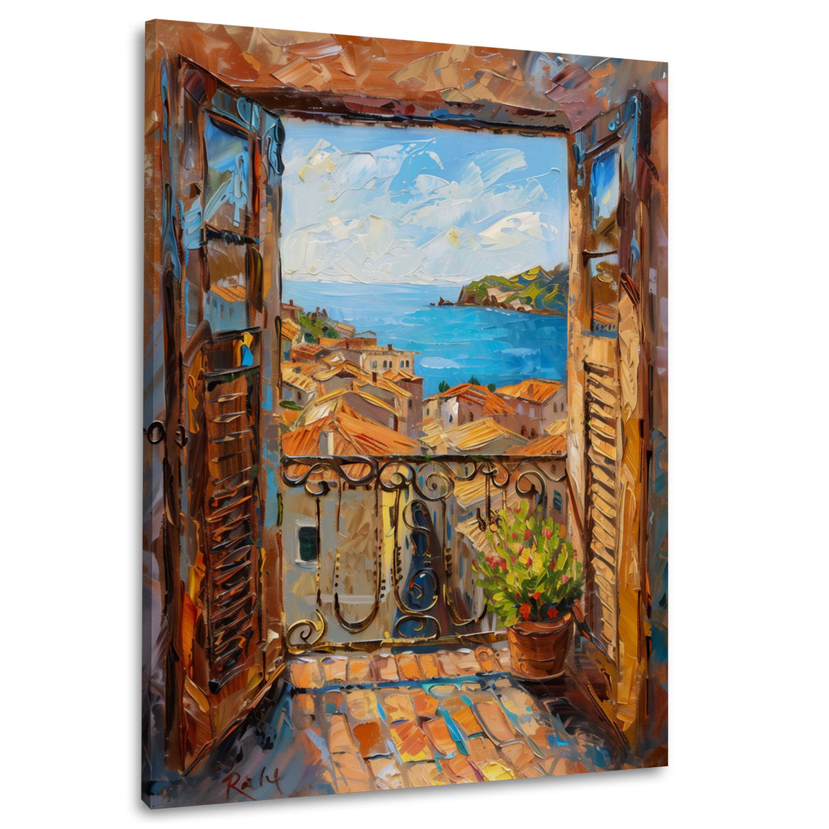 Balcone con vista sul mare e tetti mediterranei quadro
