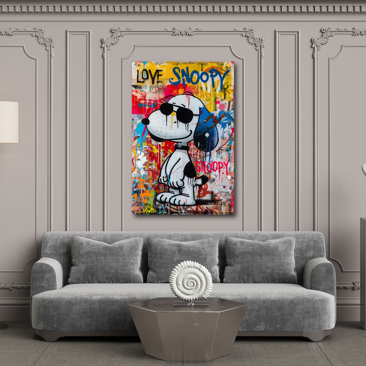 Beagle a fumetti con occhiali da sole e scritta Love quadro