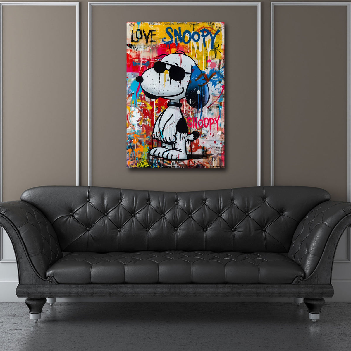 Beagle a fumetti con occhiali da sole e scritta Love quadro