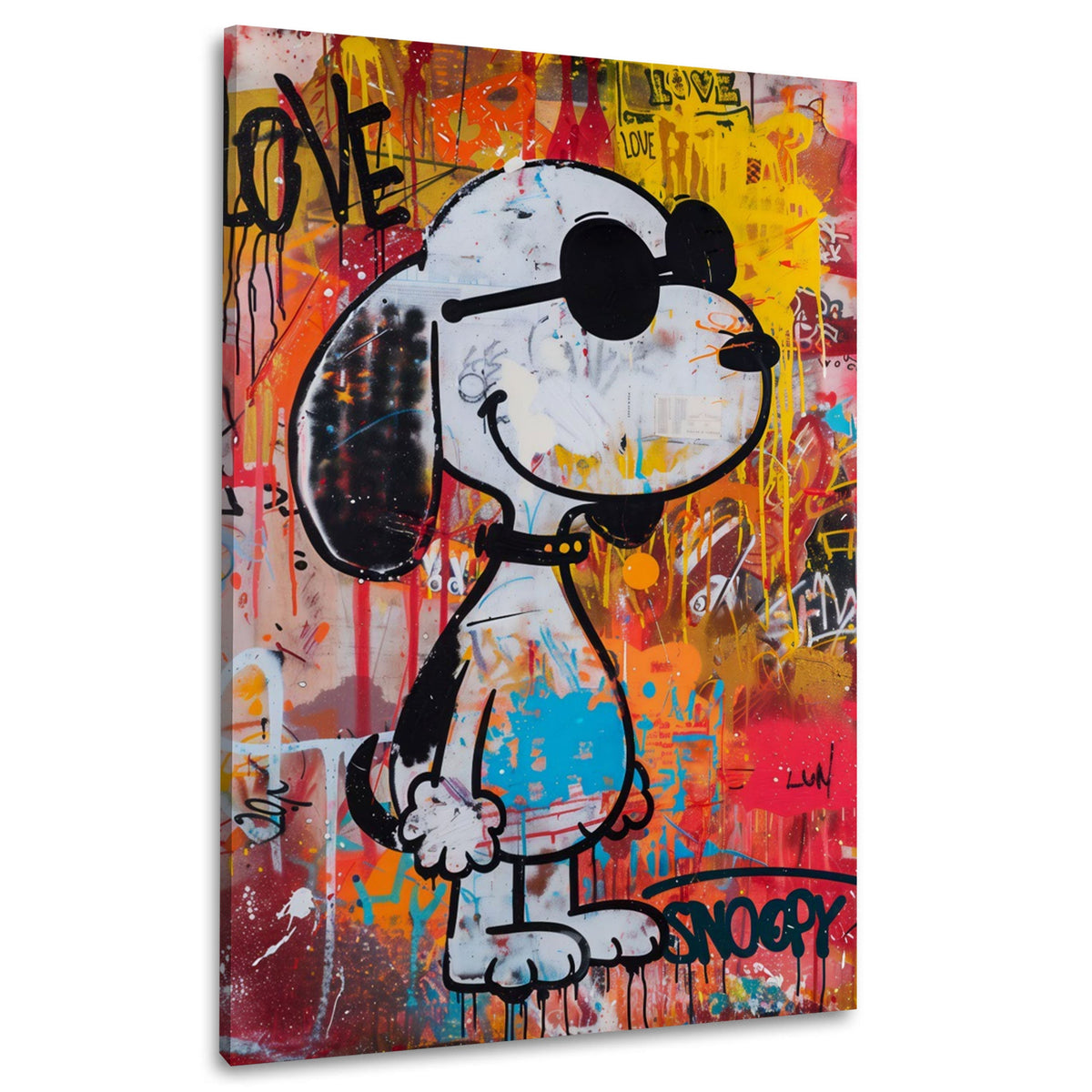 Beagle a fumetti con occhiali tra schizzi di colore vivaci quadro