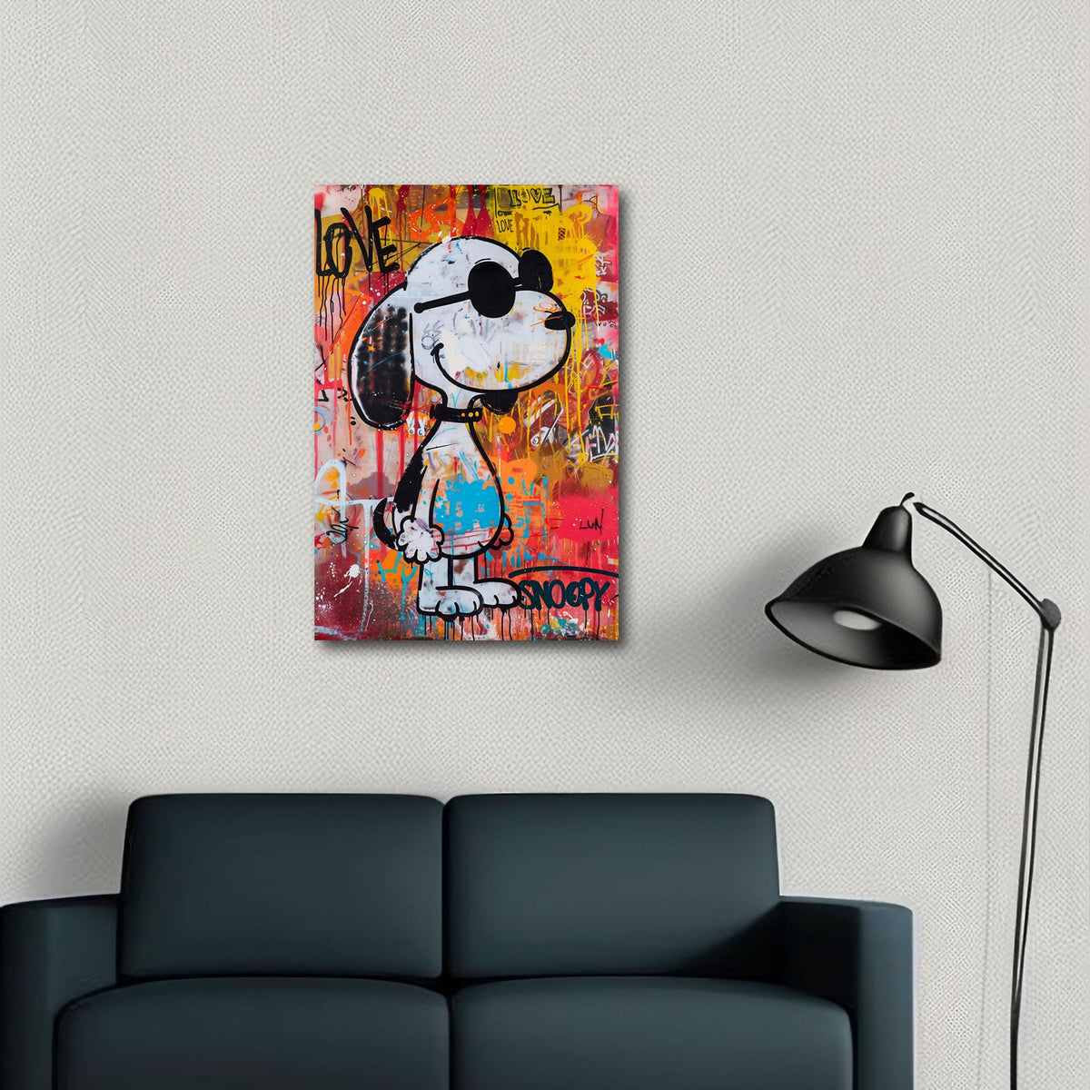 Beagle a fumetti con occhiali tra schizzi di colore vivaci quadro