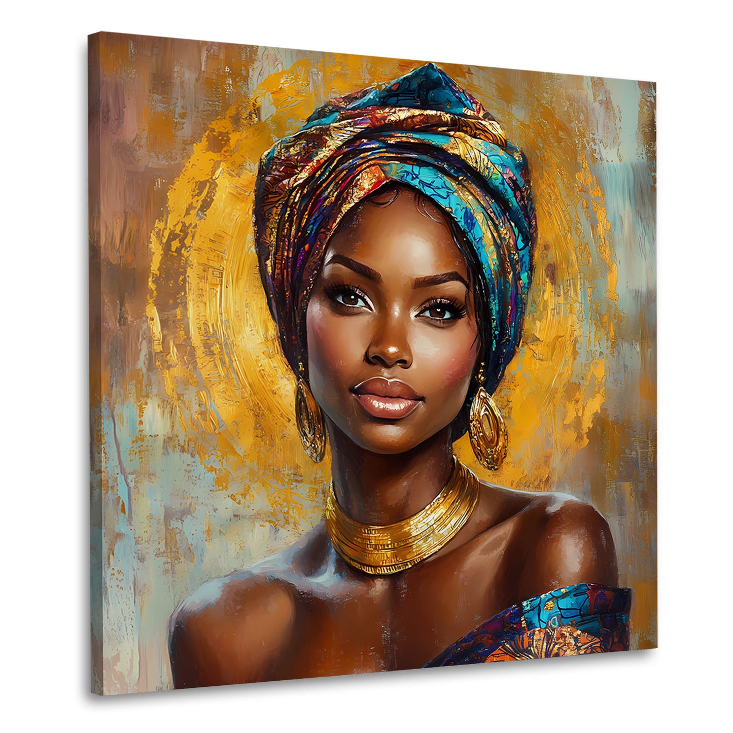 Bellezza africana ritratto raffinato con turbante oro quadro