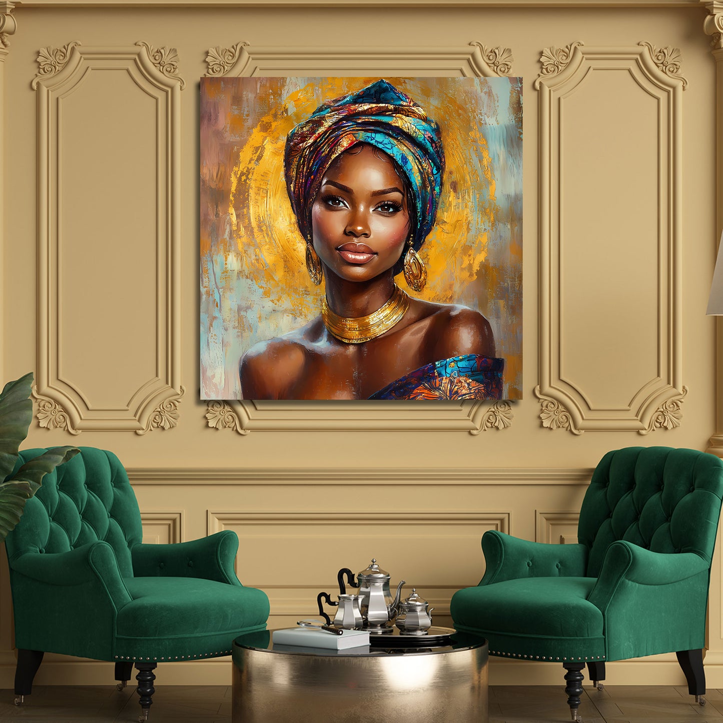 Bellezza africana ritratto raffinato con turbante oro quadro