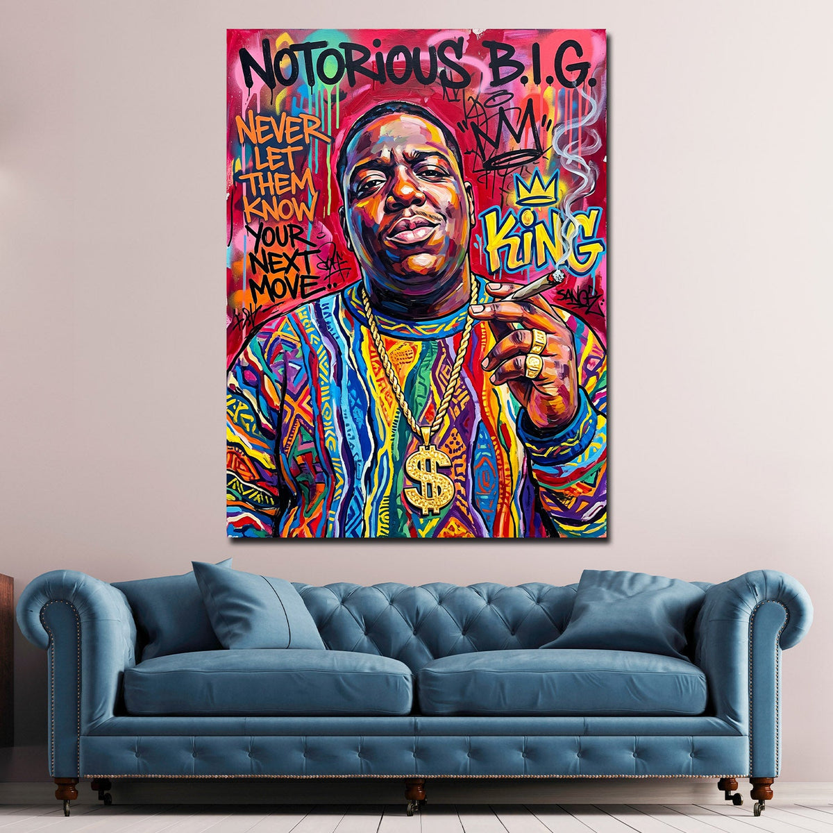 Quadro Biggie rapper Pop Art Graffiti in soggiorno