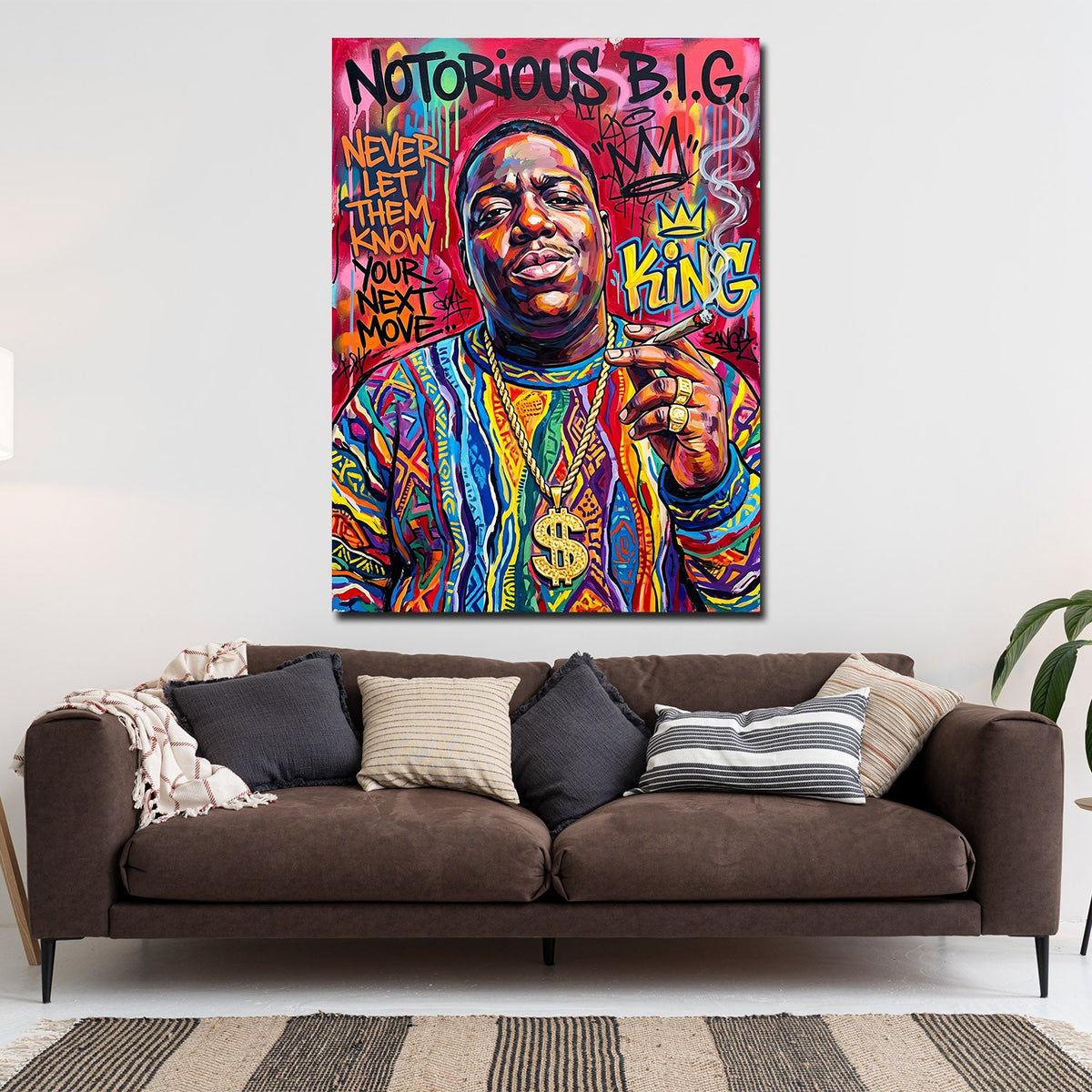 Quadro Biggie King Hip Hop colorato appeso alla parete