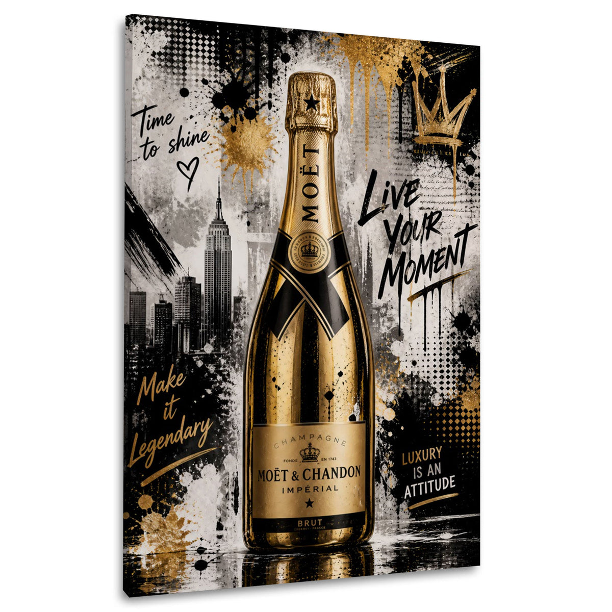 Bottiglia di champagne oro con scritta Live your Moment quadro