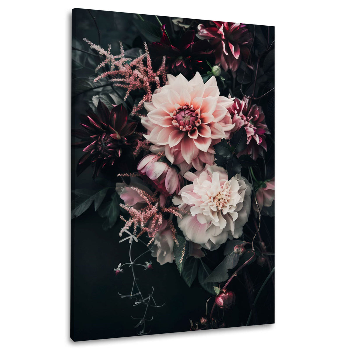 Bouquet rigoglioso di dalie chiare in atmosfera scura quadro
