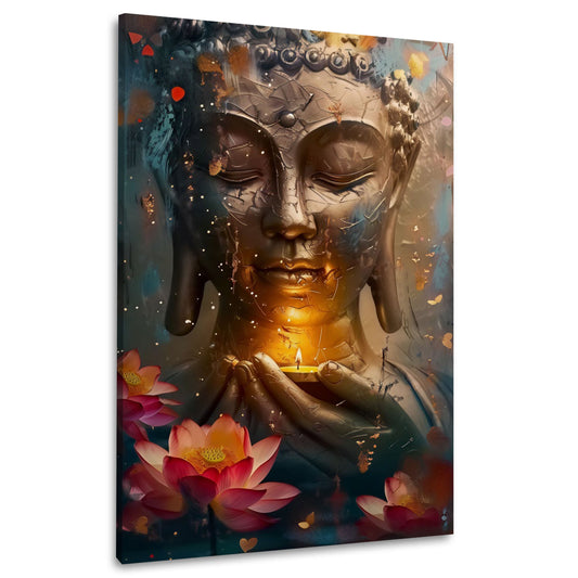 Buddha statua meditazione candela fiori loto calma spirituale quadro
