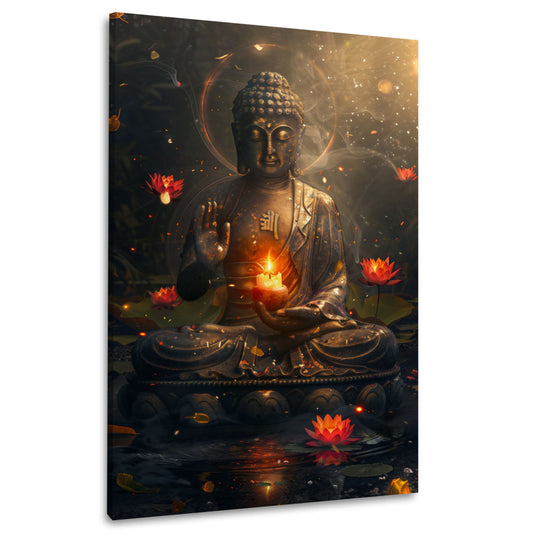 Buddha statua meditazione candela fiori loto calma zen quadro