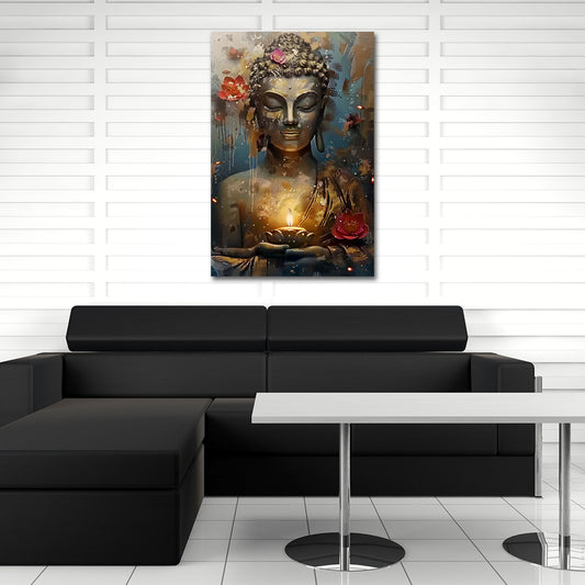 Buddha statua meditazione candela fiori loto oro calma spirituale quadro
