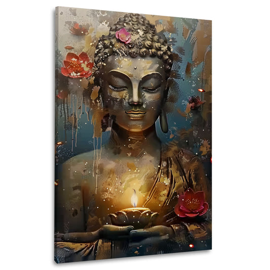 Buddha statua meditazione candela fiori loto oro calma spirituale quadro
