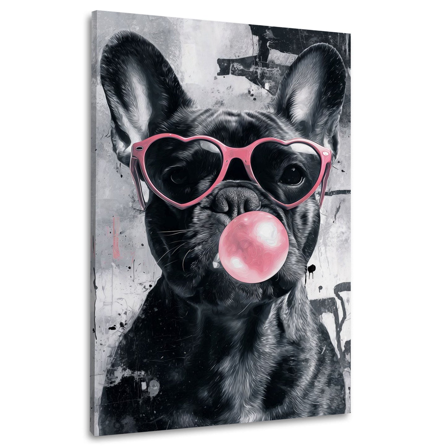 Bulldog con bolla di gomma e occhiali a cuore quadro