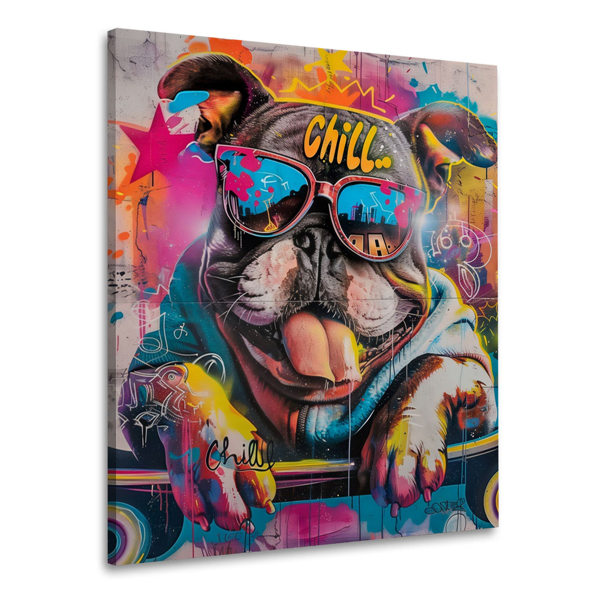 Bulldog con cappellino Chill e occhiali da sole graffiti quadro