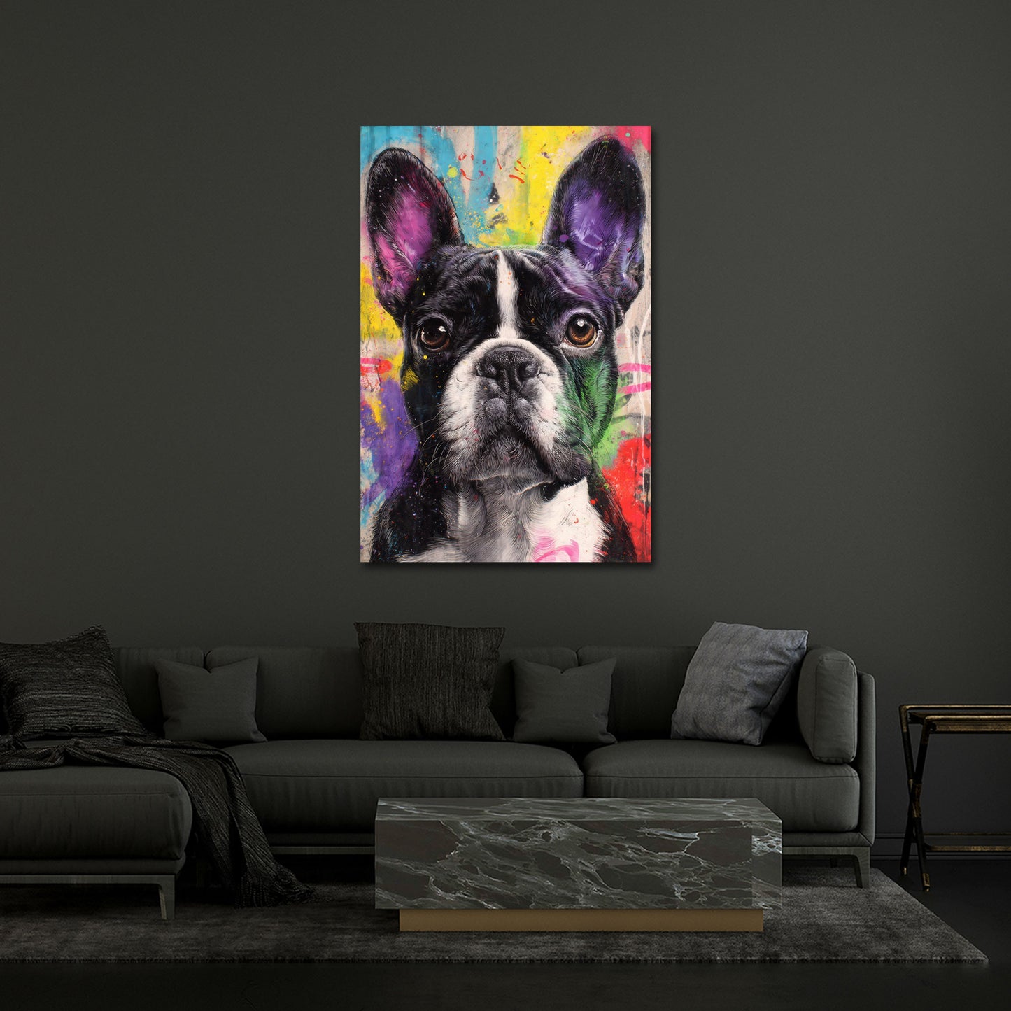 Bulldog francese cane primo piano ritratto pop art colorato quadro