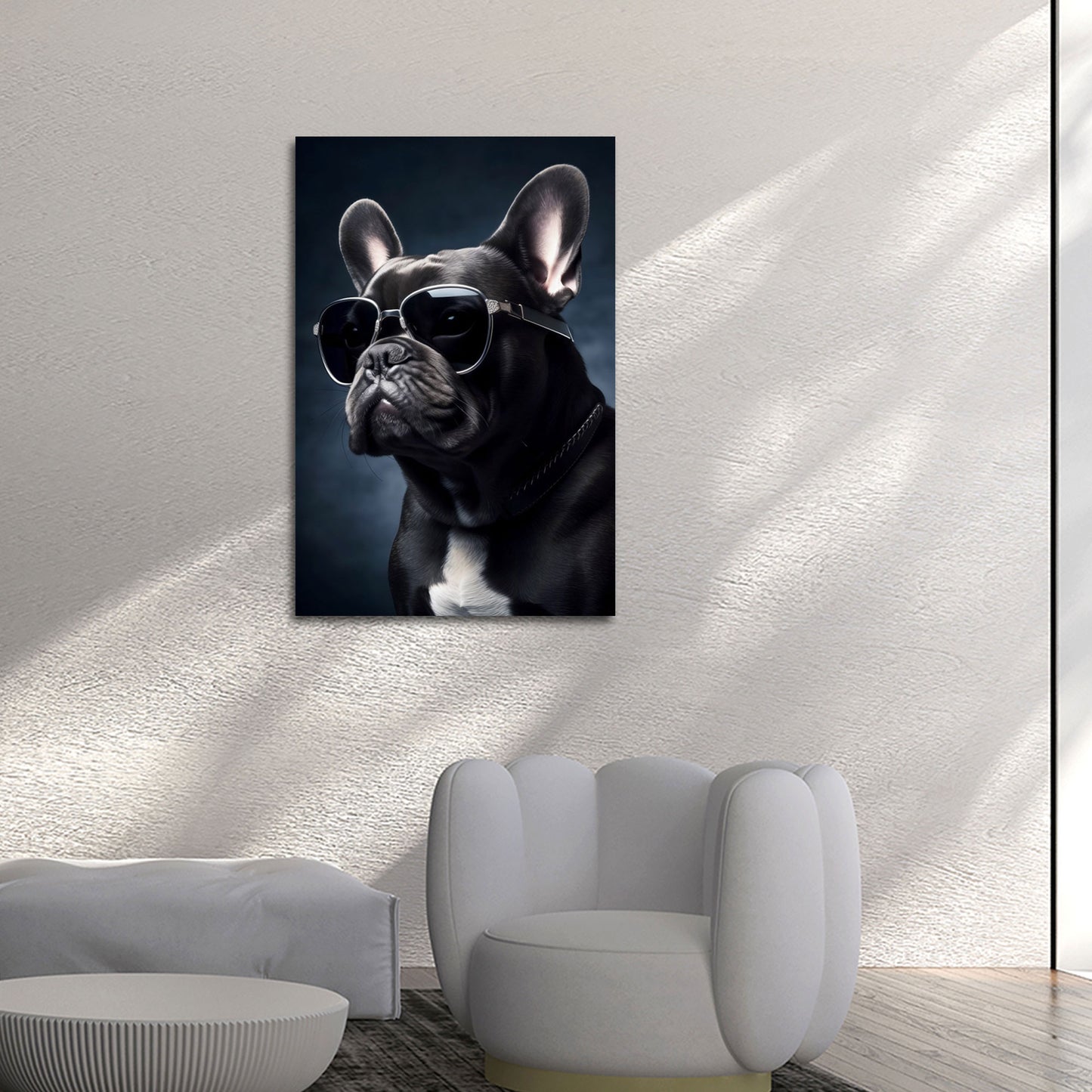 Bulldog francese con occhiali ritratto elegante sfondo scuro quadro