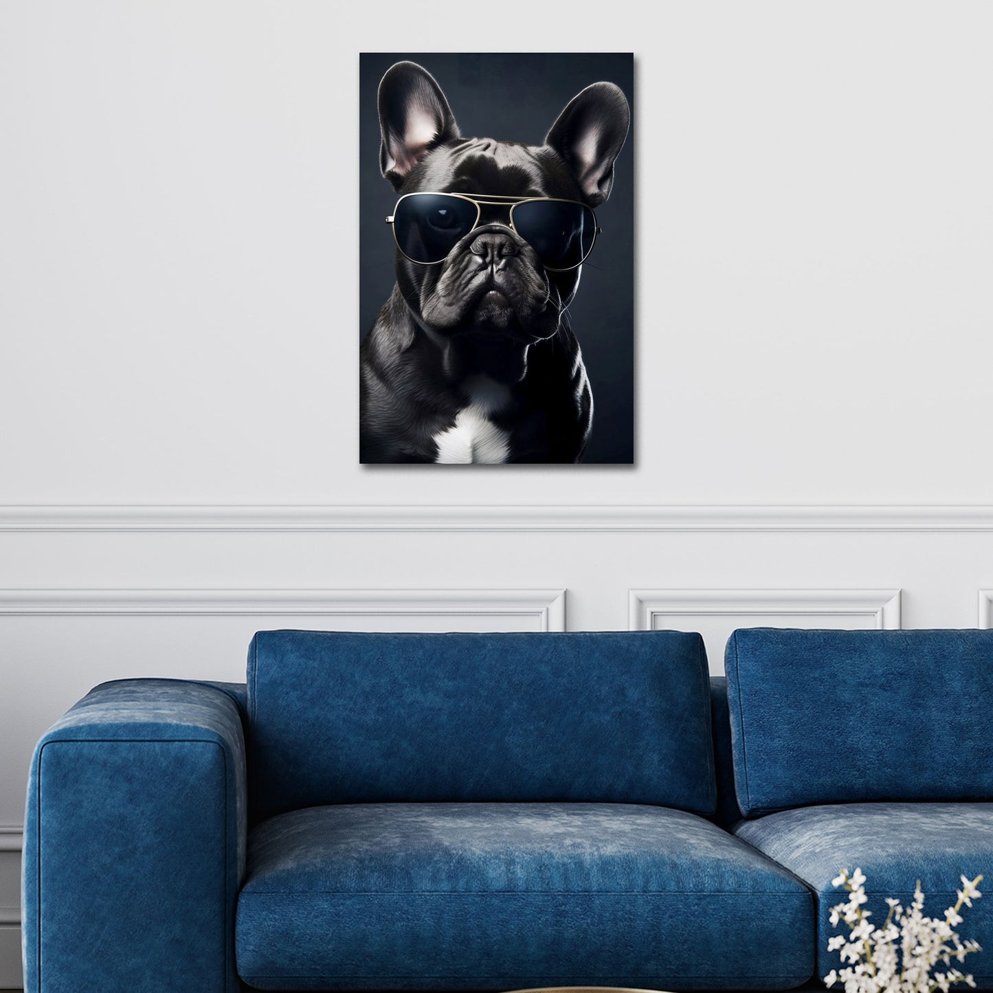 Bulldog francese con occhiali ritratto moderno sfondo scuro quadro