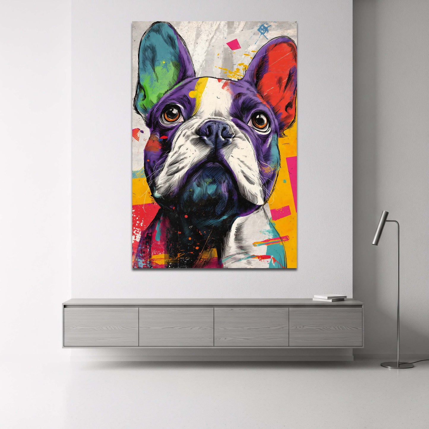 Bulldog francese in stile pop art dai colori vivaci quadro