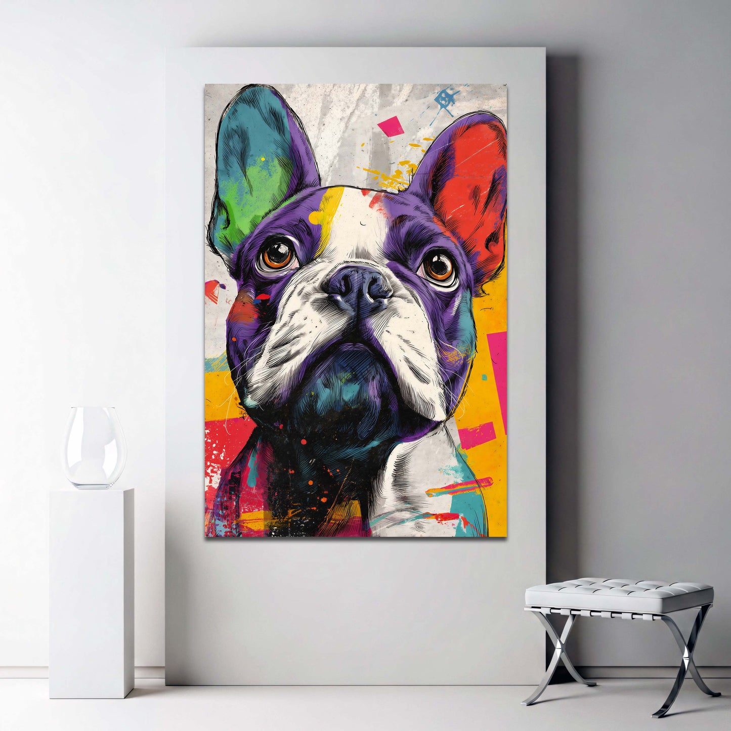Bulldog francese in stile pop art dai colori vivaci quadro