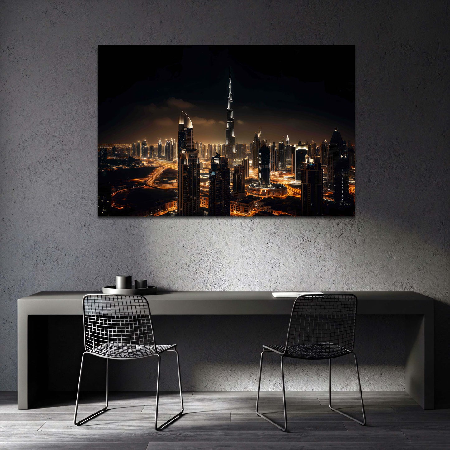 Burj Khalifa a Dubai luci notturne dello skyline panoramico quadro