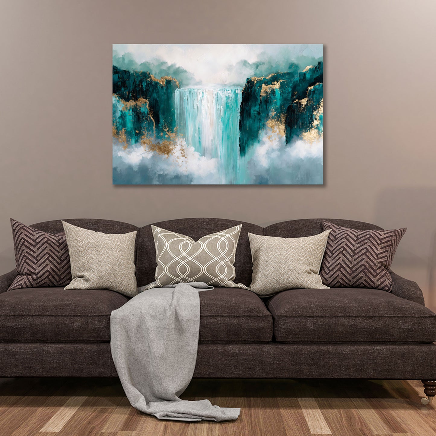 Cascata astratto natura turchese scogliera accenti oro arte quadro