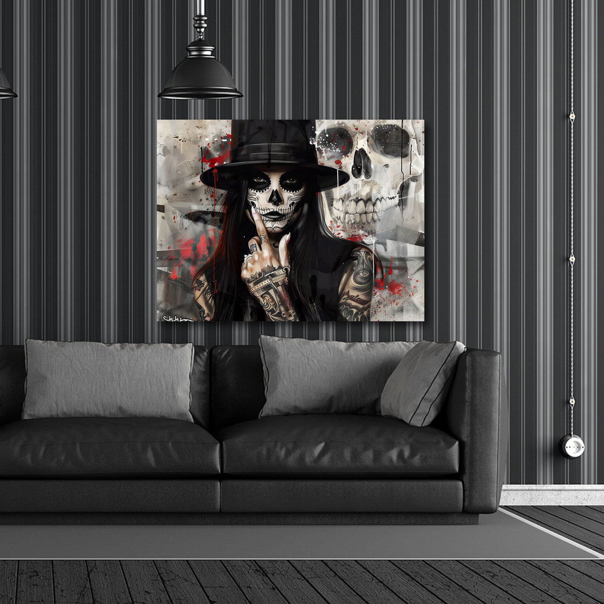 Catrina con cilindro e teschio sullo sfondo stile gothic quadro
