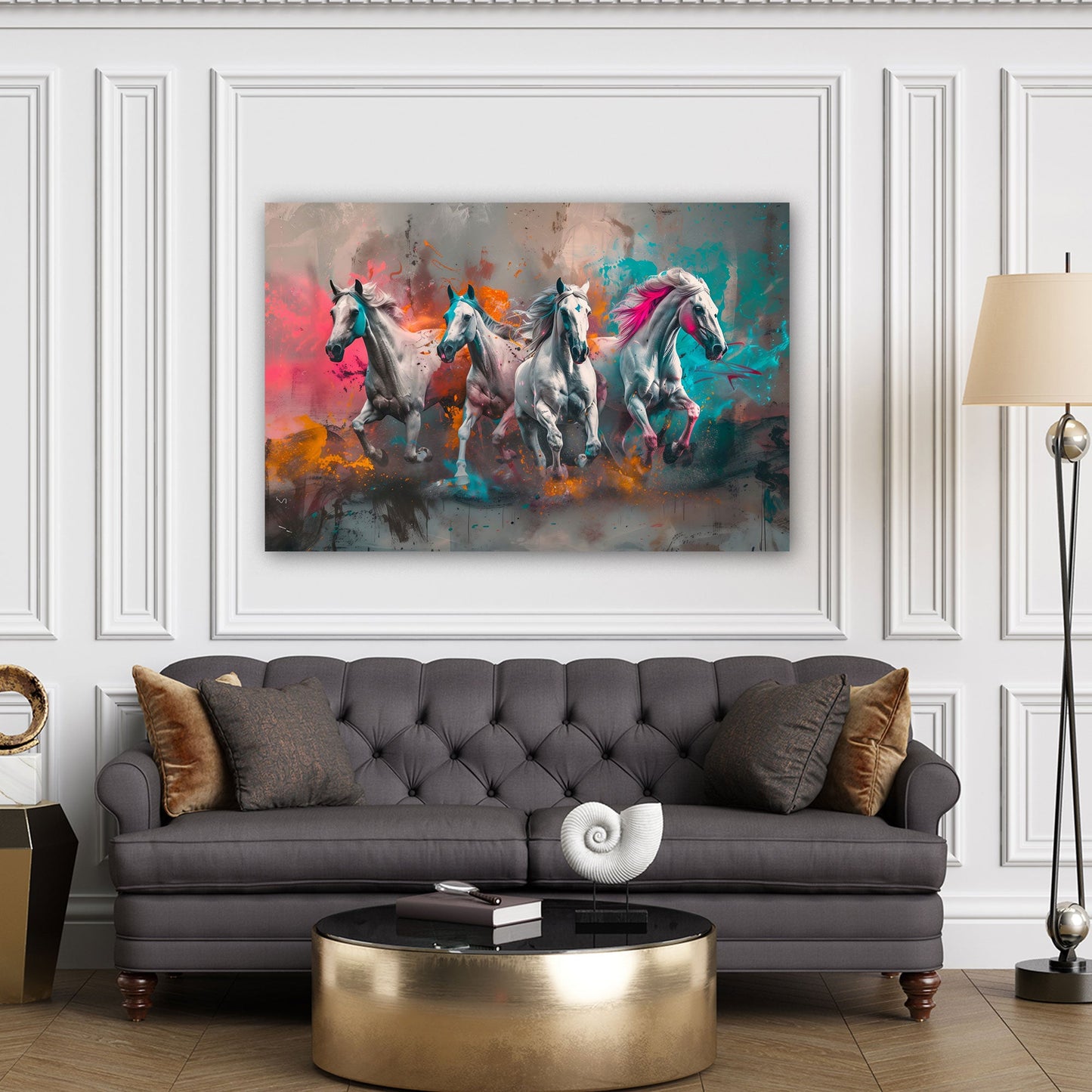 Cavalli al galoppo espressivi con colori intensi quadro
