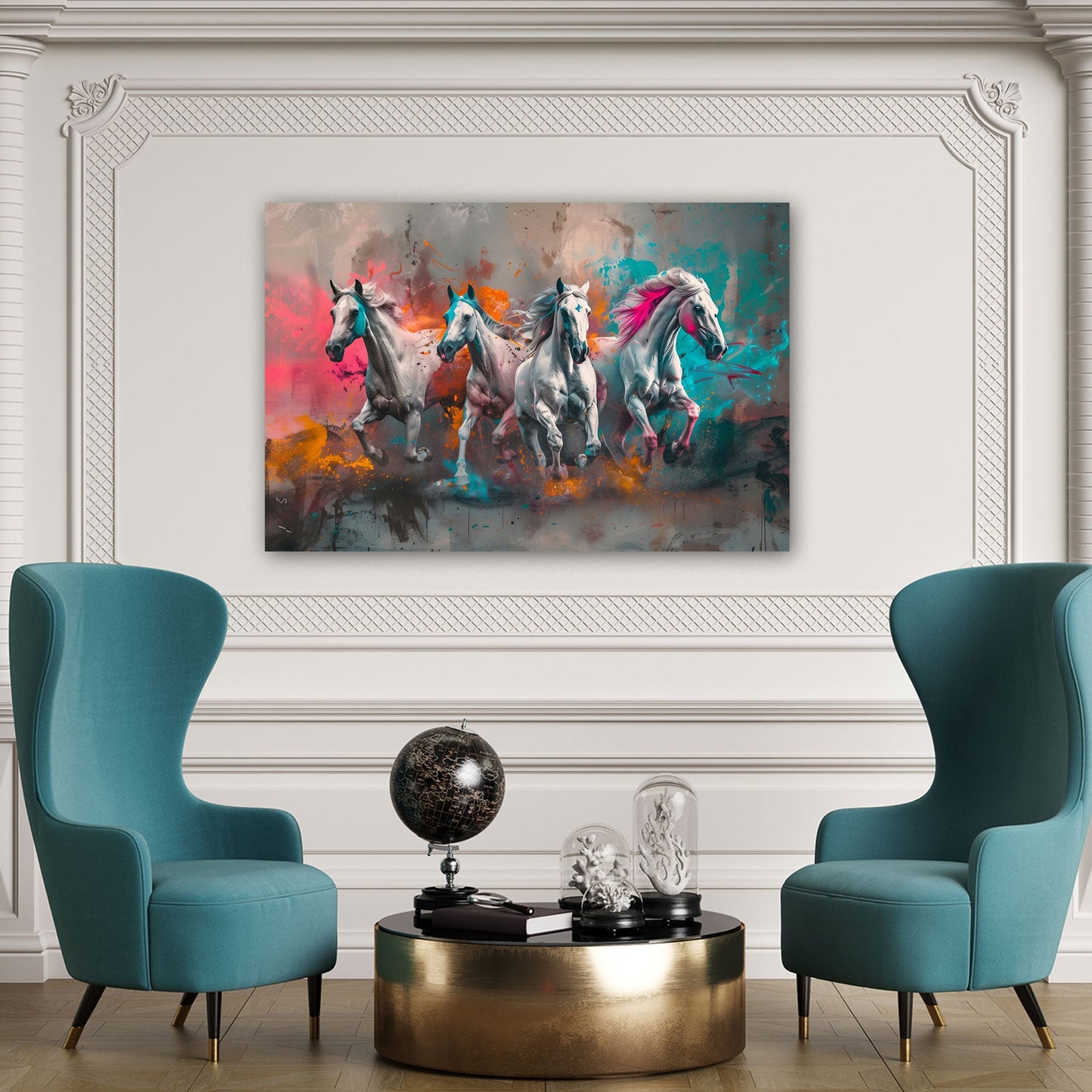 Cavalli al galoppo espressivi con colori intensi quadro