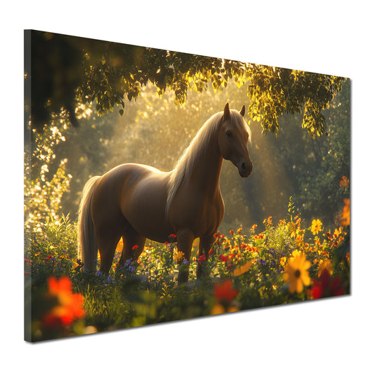 Cavallo elegante prato fiorito luce calda quadro