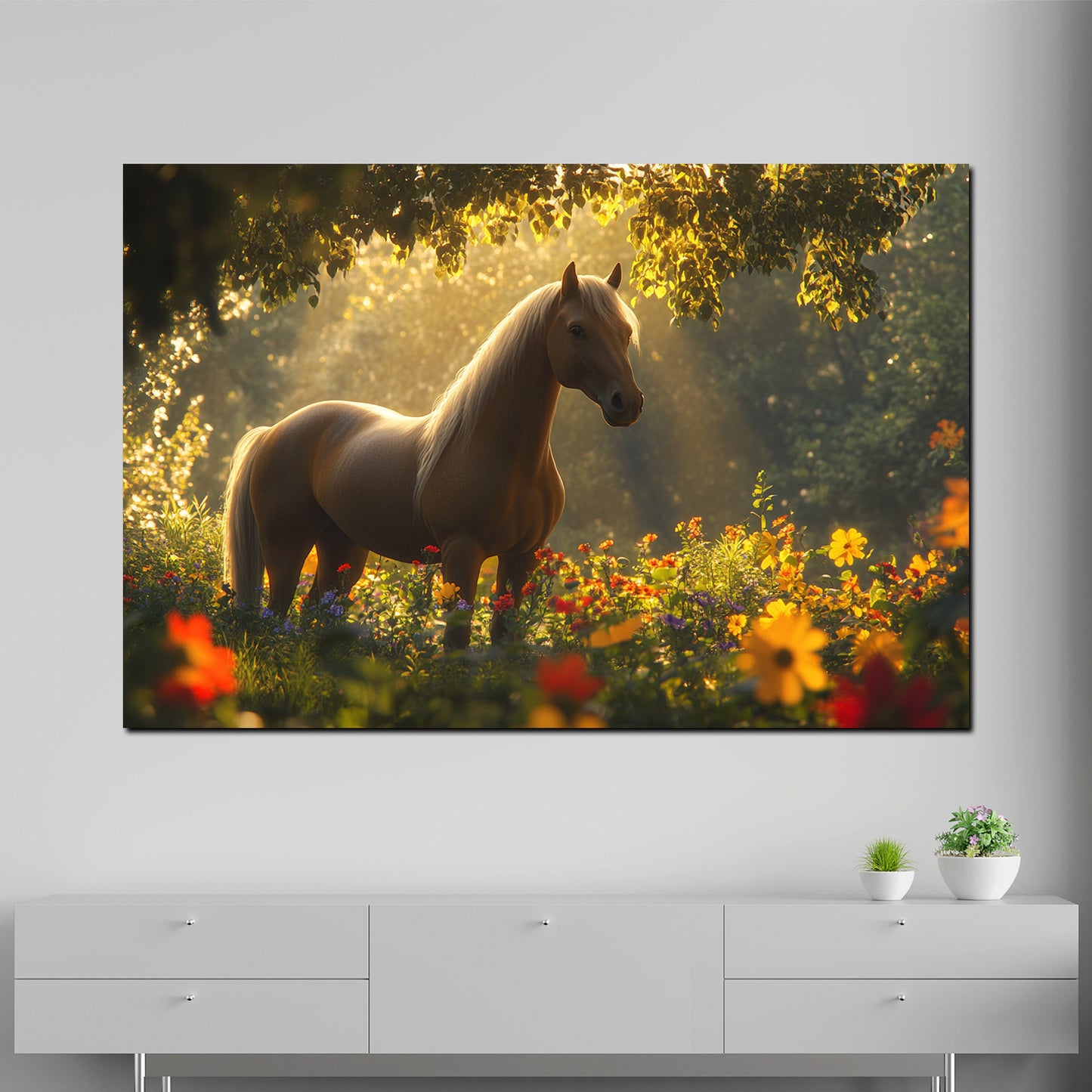 Cavallo elegante prato fiorito luce calda quadro