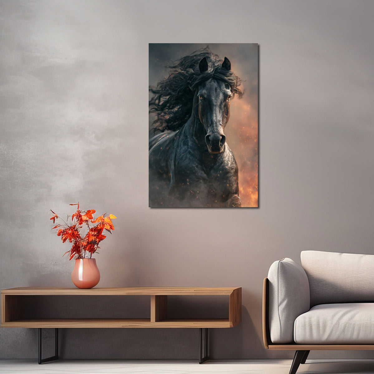 Cavallo nero al galoppo con criniera al vento e polvere quadro