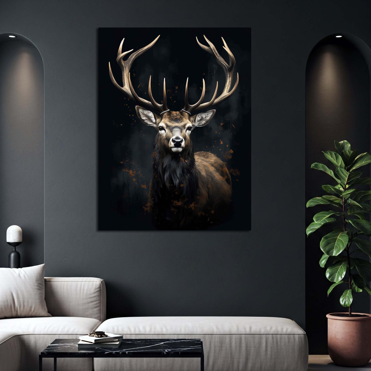 Cervo potente arte animale sfondo scuro quadro