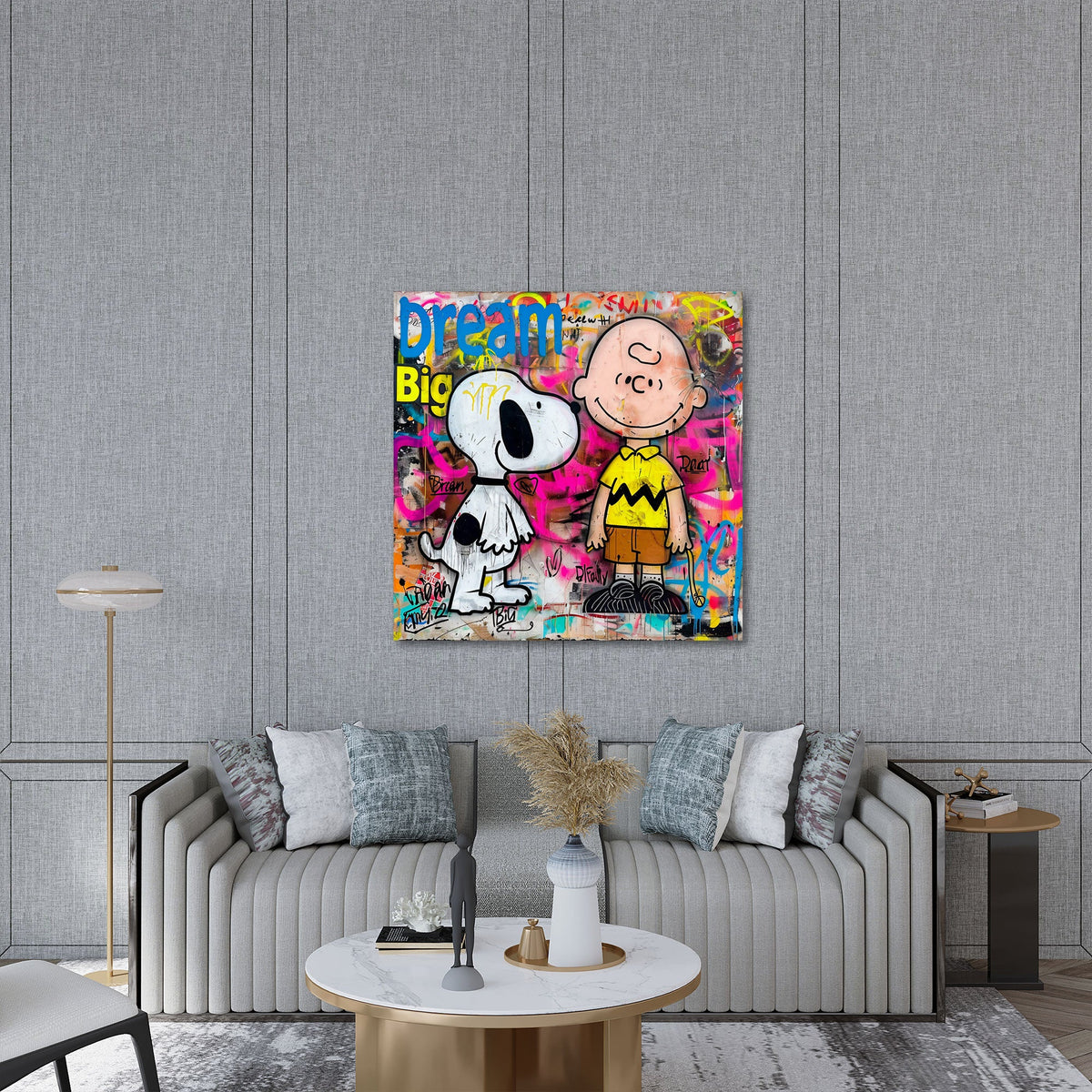 Charlie e il beagle a fumetti su muro graffiti colorato quadro