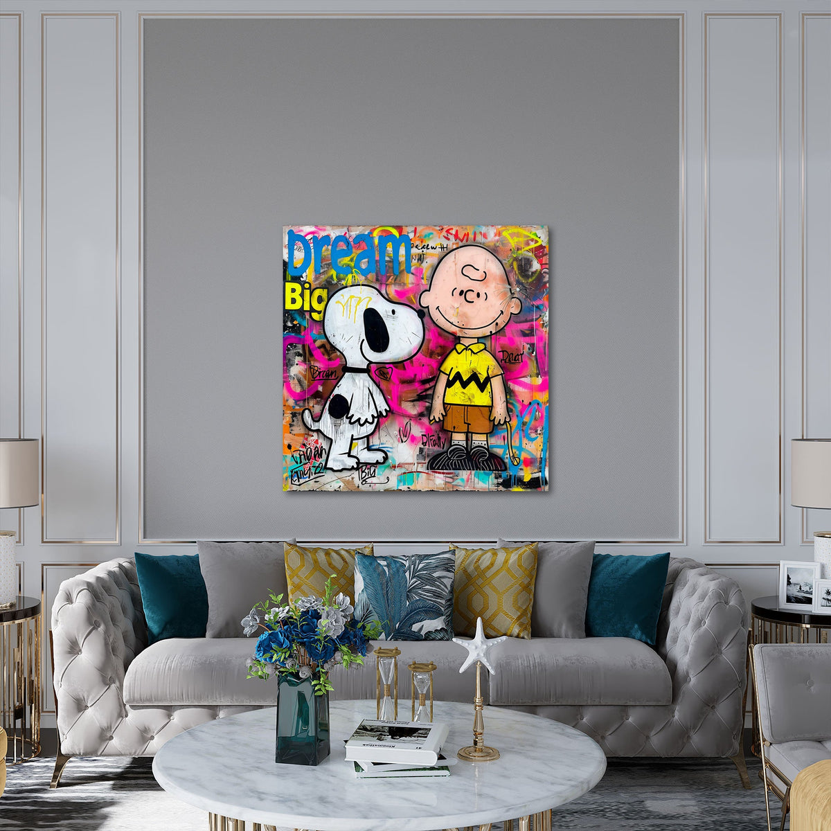Charlie e il beagle a fumetti su muro graffiti colorato quadro