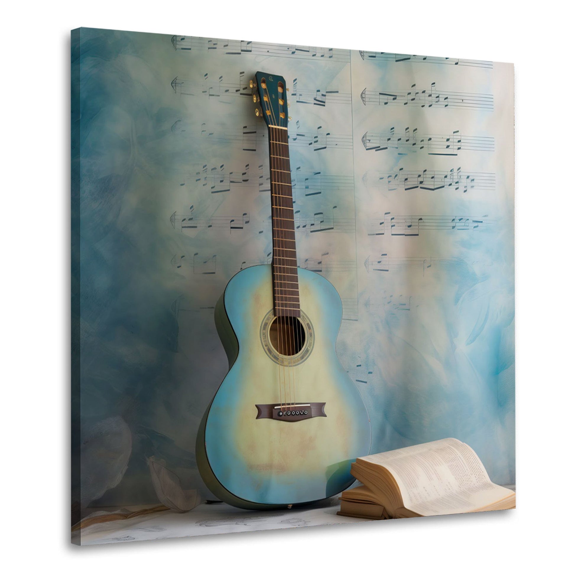 Chitarra blu con spartito e libro musicale quadro