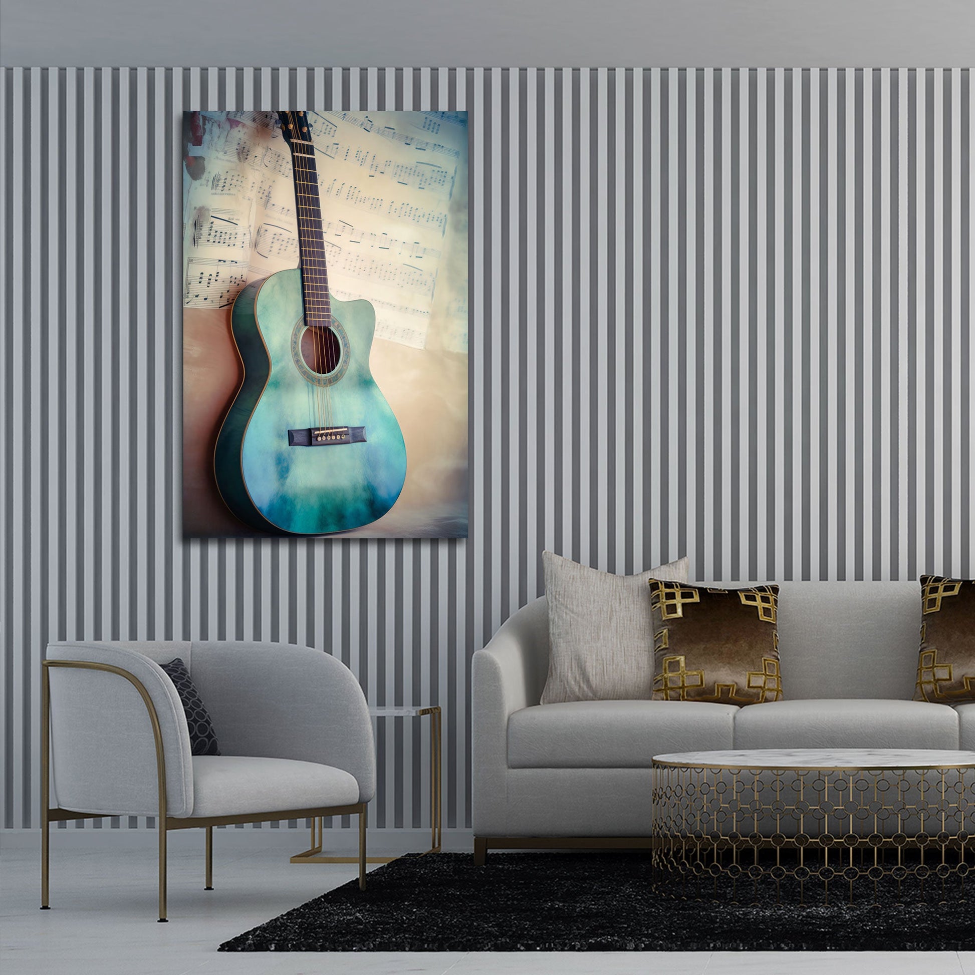 Chitarra turchese con spartito stile acquerello quadro