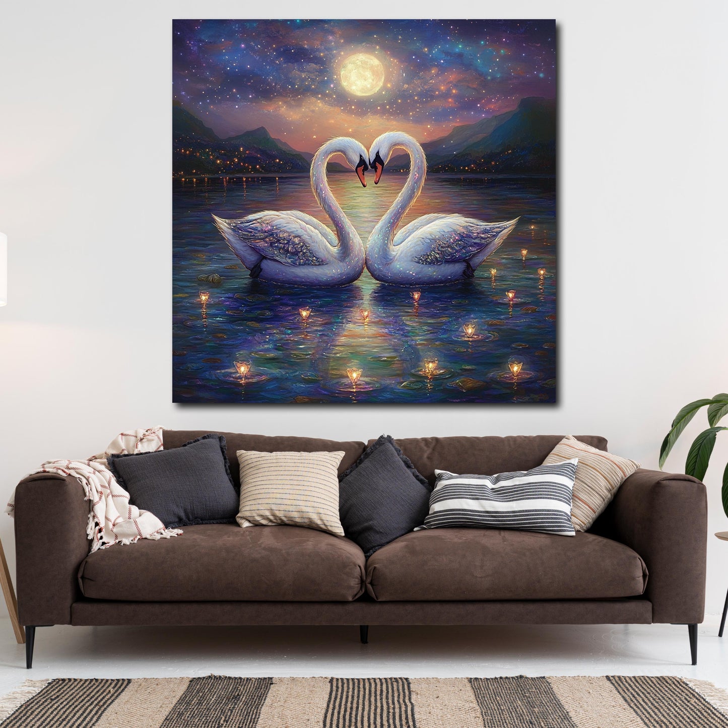 Cigni lago amore notte luna romantica quadro