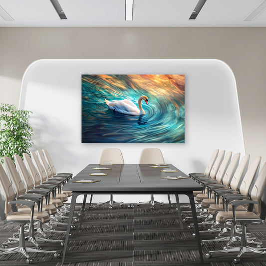 Cigno elegante vortice d’acqua colori del tramonto quadro