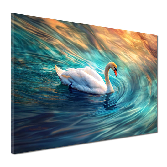 Cigno elegante vortice d’acqua colori del tramonto quadro