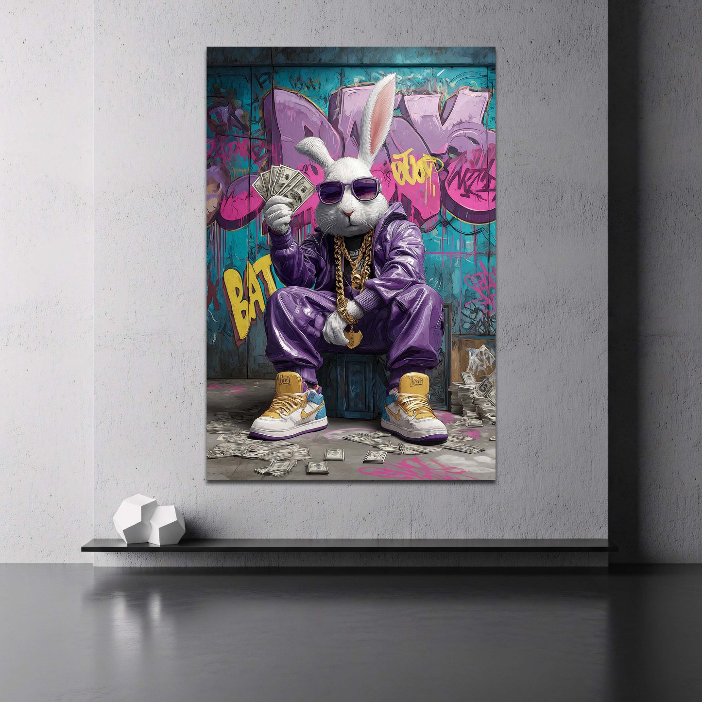 Coniglio alla moda con occhiali e banconote su muro quadro