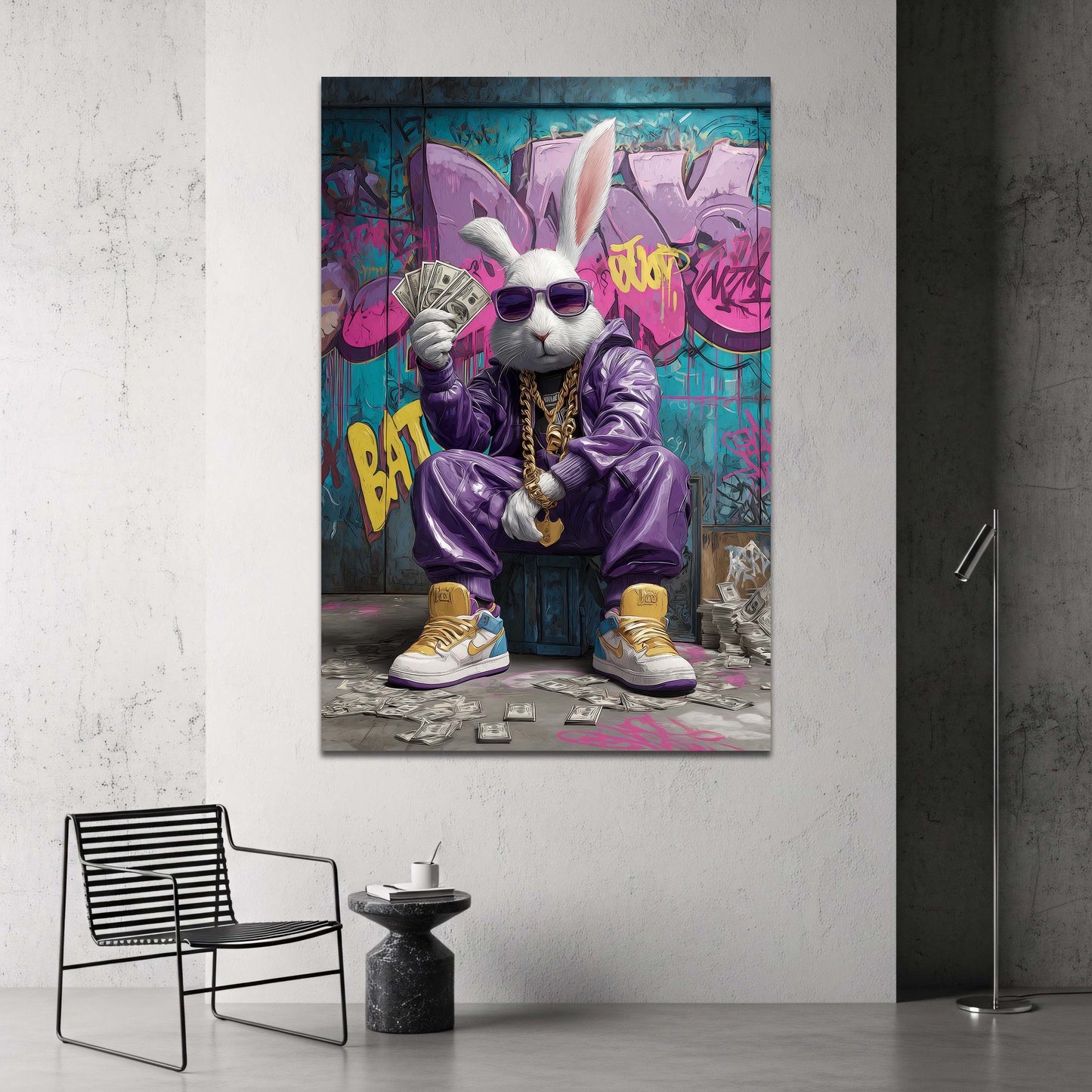 Coniglio alla moda con occhiali e banconote su muro quadro