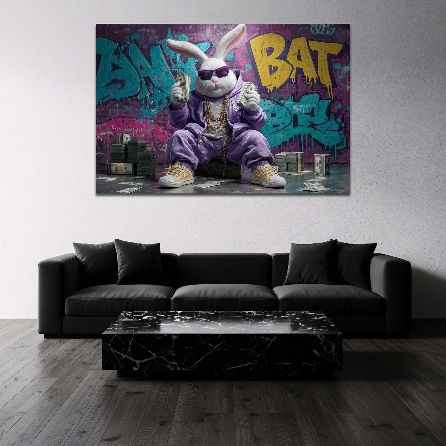 Coniglio bianco in tuta viola con banconote graffiti quadro