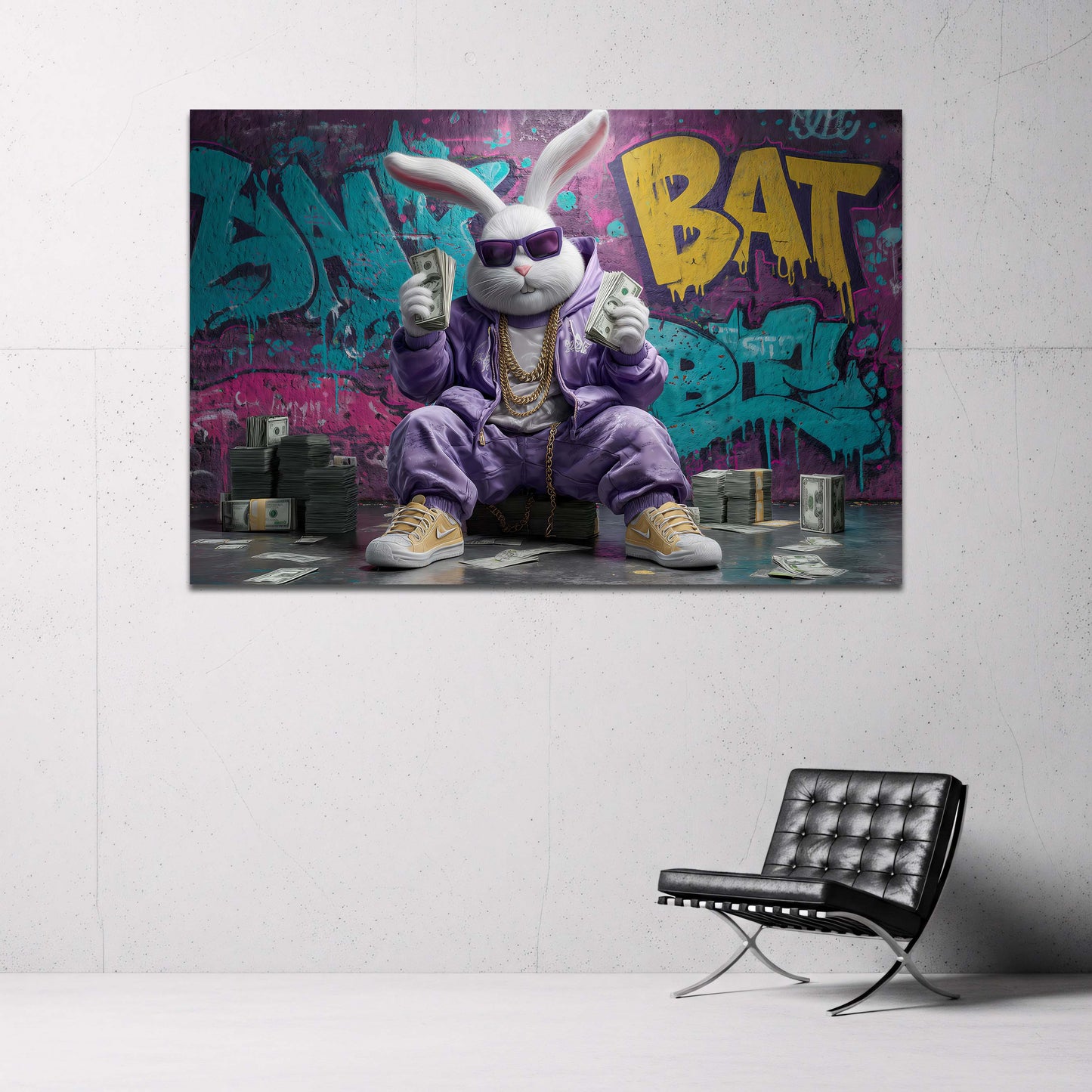Coniglio bianco in tuta viola con banconote graffiti quadro