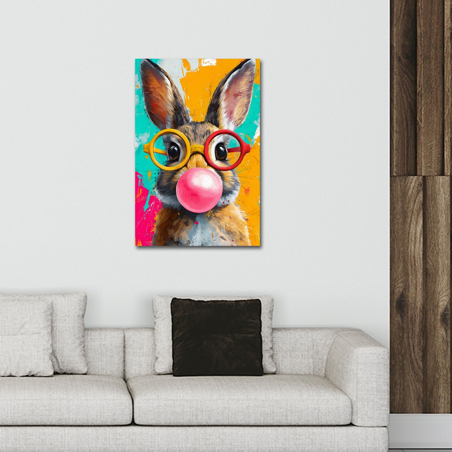 Coniglio con occhiali e gomma da masticare in stile Pop Art quadro