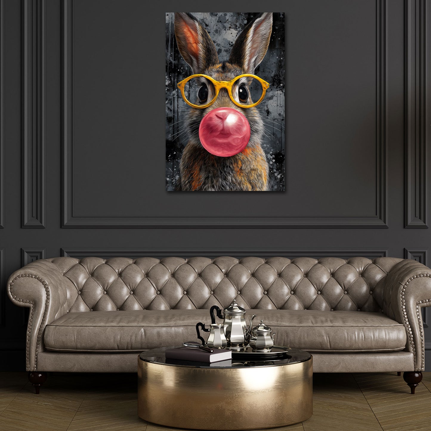 Coniglio con occhiali gialli e gomma contemporaneo quadro