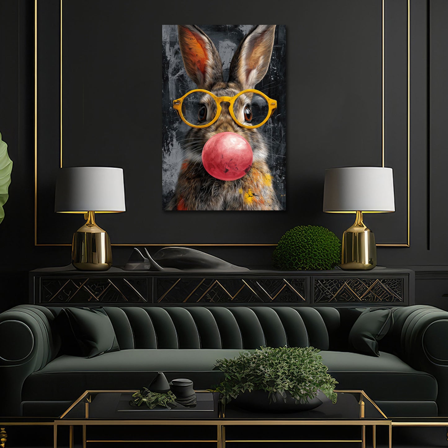 Coniglio con occhiali gialli e gomma in stile urbano quadro